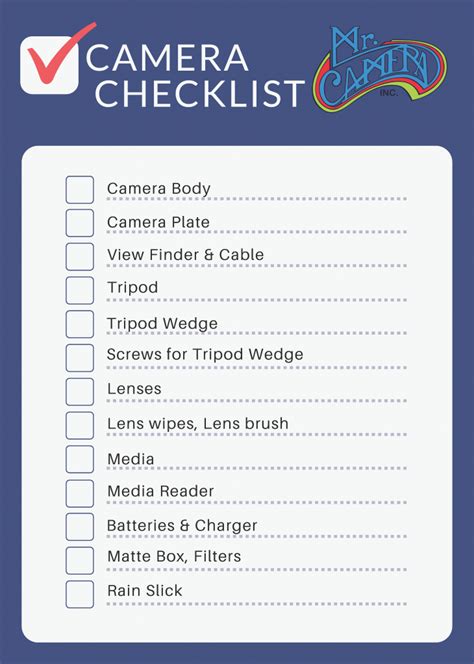 Camera Checklist - Mr Camera