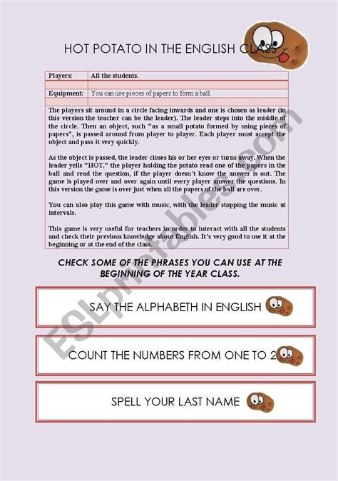 Hot potato game - ESL worksheet by evelinpj1