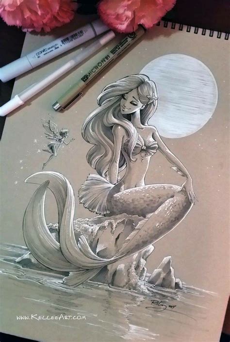 Mermaid sitting on rock & moon color markers art | Mermaid drawings ...