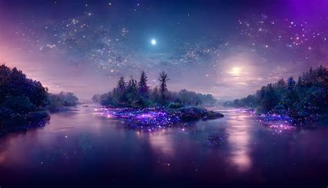 Premium Photo | Magical night river landscape with bioluminescent blue water glowing particles ...