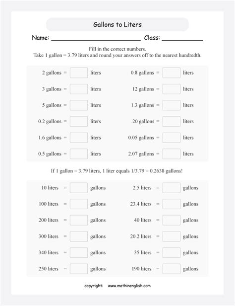 Conversion math worksheet for grade 5 and 6 students involving metric and imperial units of ...