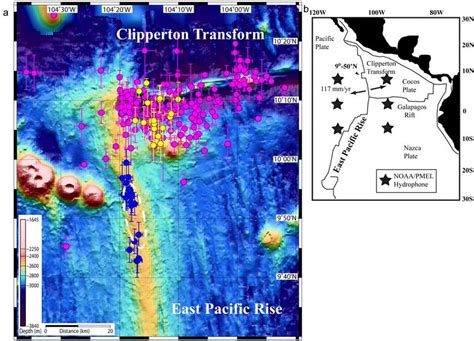 (a) Bathymetric map of the East Pacific Rise, showing earthquakes ...