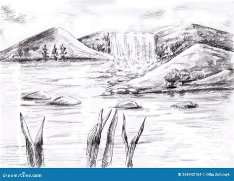 Mountain Waterfall Drawings