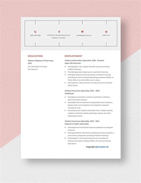 Medical Information Specialist Resume in Pages, Word - Download ...