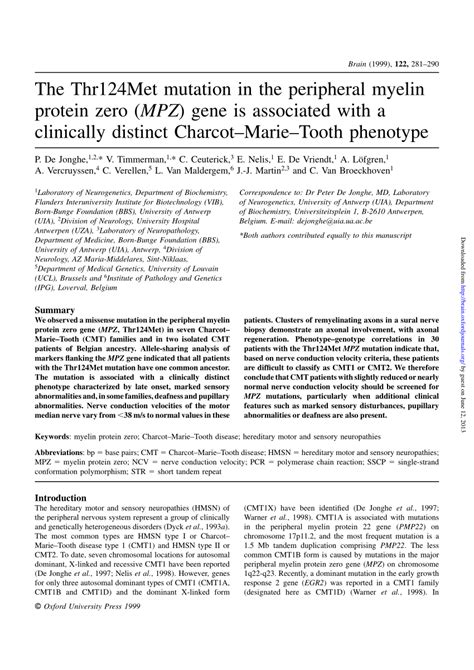 (PDF) The Thr124Met mutation in the peripheral myelin protein zero (MPZ) gene is associated with ...