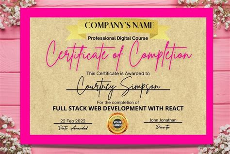 DIY Certificate of Completion Template, Pink Certificate, Gold Certificate, Certificate Template ...