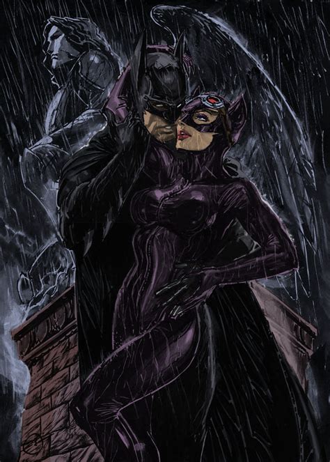 Batman and Catwoman, sharing a romantic moment in the rain. Description ...