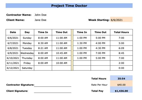 Independent Contractor Timesheet Template