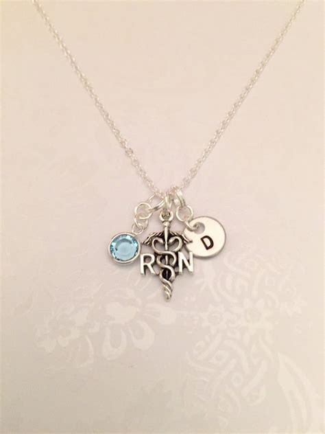 RN Registered Nurse Necklace Caduceus Pendant With Choice of Initial and Swarovski Birthstone ...