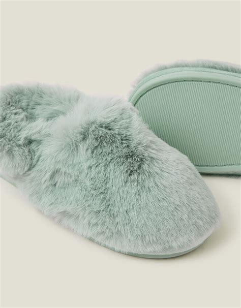 Faux Fur Slingback Slippers Green | Slippers | Accessorize UK