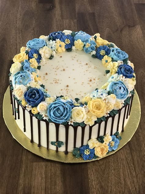 Buttercream Floral Cake Blue And Yellow colour scheme | Blue cakes ...