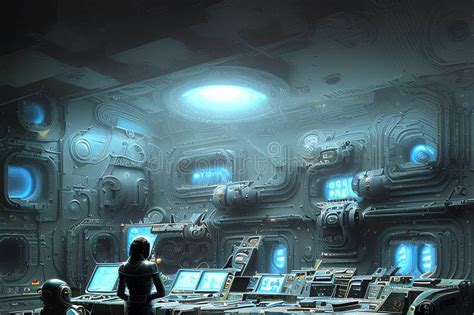 Retro-futuristic Illustration of a Future Control Room and Workspace ...