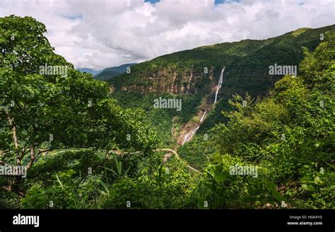 The Khasi Hills with view of the rolling landscape with waterfalls ...