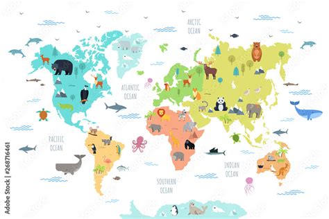 Naklejka World map with wild animals living on various continents and ...