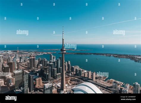 An aerial view of Toronto skyline in Ontario, Canada captured in winter ...