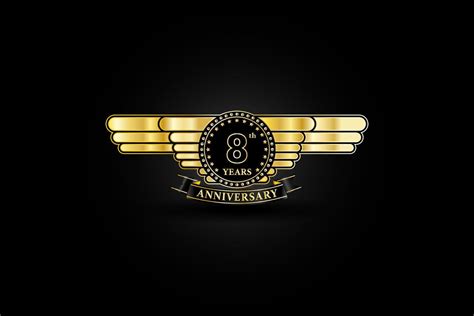 8th anniversary golden gold logo with gold wing and ribbon isolated on black background, vector ...