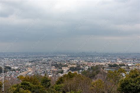 Distant view of Nishinomiya city, Osaka city from Kabutoyama forest ...