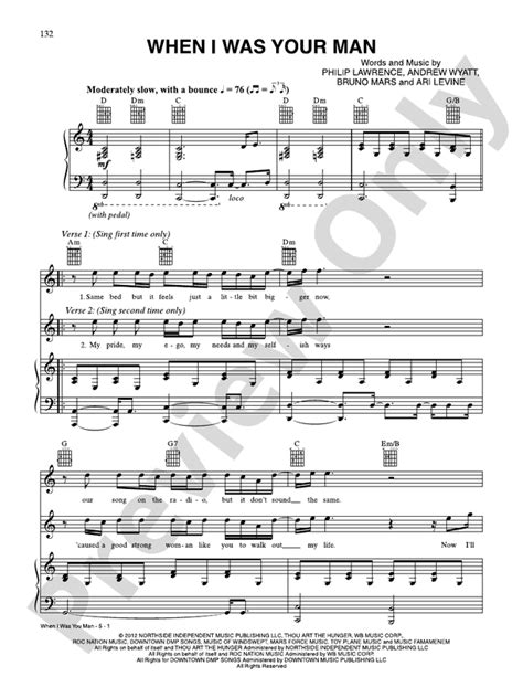 When I Was Your Man: Piano/Vocal/Guitar: Bruno Mars - Digital Sheet Music Download