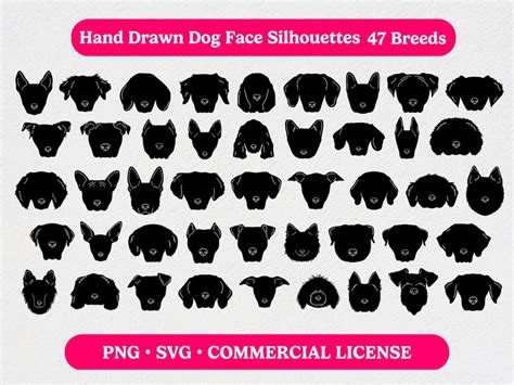 Dog Head Silhouette SVG Bundle With 47 Breeds Hand-drawn Dog Face ...