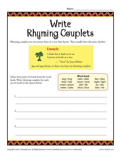 Write Rhyming Couplets | Poetry Worksheets | Poetry worksheets, Rhyming couplet, Poetry lessons