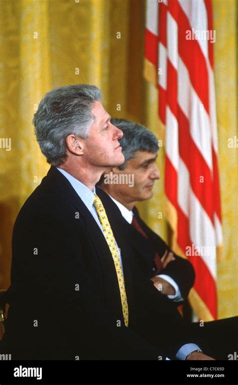 US President Bill Clinton with Treasury Secretary Robert Rubin doing a ...