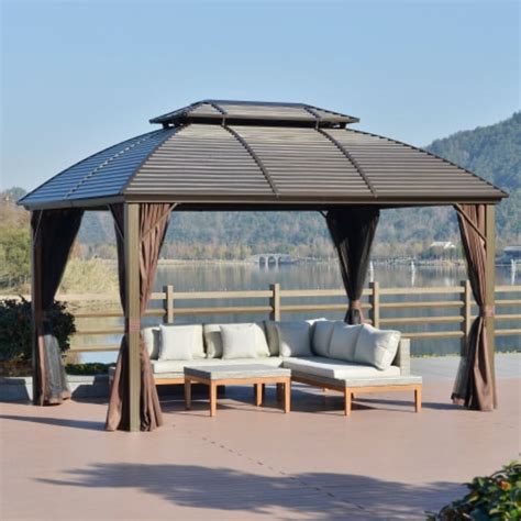 10x12 Hardtop Gazebo with Aluminum Frame Metal Roof Canopy w/ Netting ...