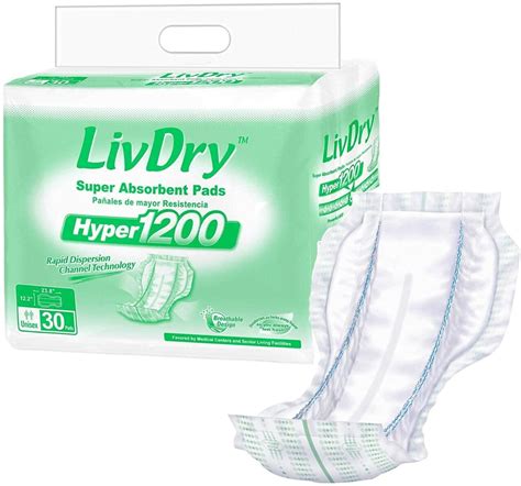 LivDry Unisex Incontinence Pad Insert | Absorbency + Odor Control (Hyper 1200, 30-Pack ...