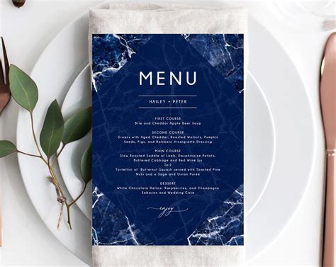 Navy Marble Wedding Menu Template, Printable Wedding Menu, Editable We | paperandthings