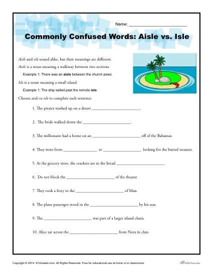 Aisle vs. Isle Worksheet | Commonly Confused Words