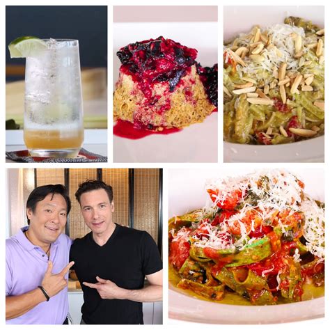 Episode 1409: Rocco Dispirito — Ming Tsai | Food network recipes, Spicy almonds, Spinach pesto pasta