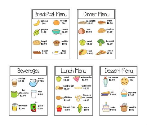 Printable Dramatic Play Restaurant Menu