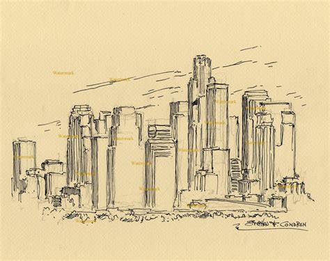 Los Angeles skyline pen & ink drawing of towering downtown skyscrapers.