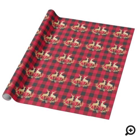 Gold Reindeer Monogram Red Buffalo Plaid Christmas Wrapping Paper ...