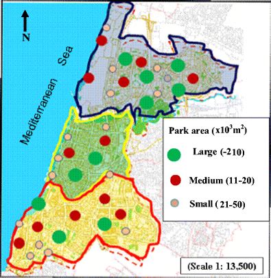 Map of Tel Aviv-Jaffa with schematic design of park size and location ...