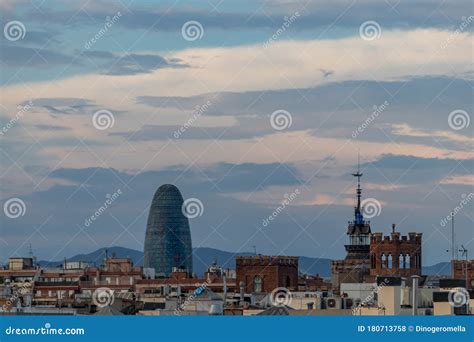 Barcelona Skyline Sunset stock photo. Image of blue - 180713758