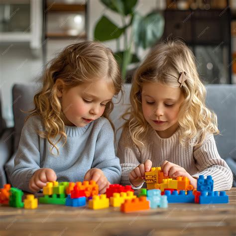 Premium Photo | Two little girls play with lego blocks at home