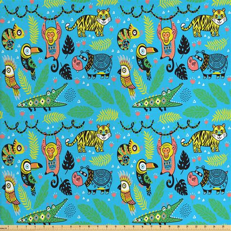 Animal Fabric by The Yard, Colorful Pattern of Various Jungle Animals in a Tropic Setting ...