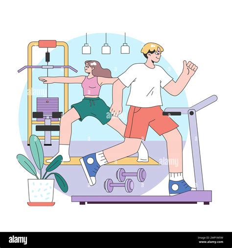 Gym-based office break concept. A pair unwinding with treadmill and weight station exercises ...