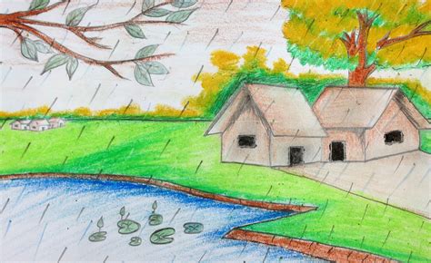 Natural Scenery Drawing of a Rainy Season | Natural scenery, Scenery ...