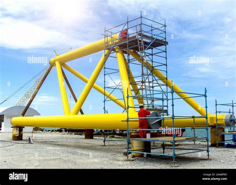 Oil rig platform during construction site in the harbor yard and ...