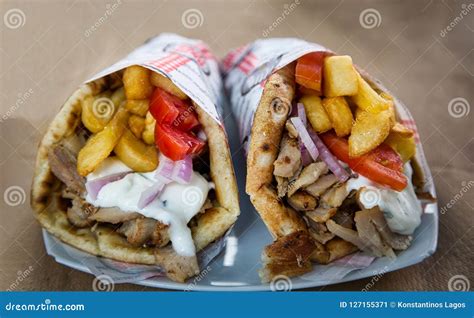 Greek gyros pita stock image. Image of meat, tasty, gourmet - 127155371