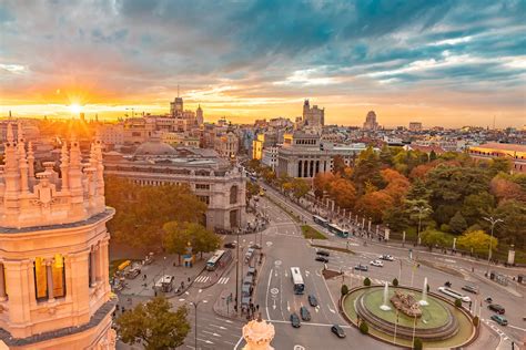 From the Cybele Palace the skyline of Madrid, Spain. View of the sunset in the Spanish capital ...