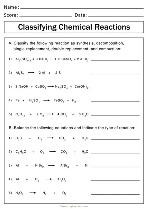 Chemistry Chemical Reactions Worksheet