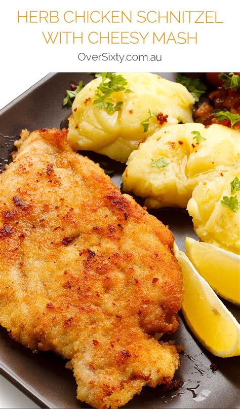 Herb chicken schnitzel with cheesy mash potatoes | OverSixty | Chicken schnitzel, Chicken ...