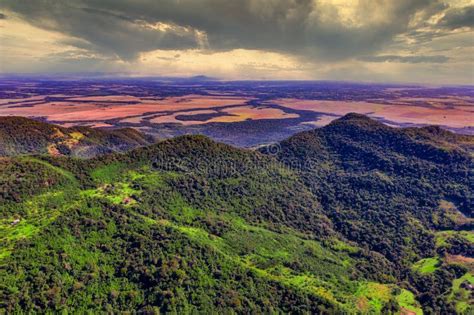 Aerial View of the Ybytyruzu Mountains with the Flat Plain Below in ...