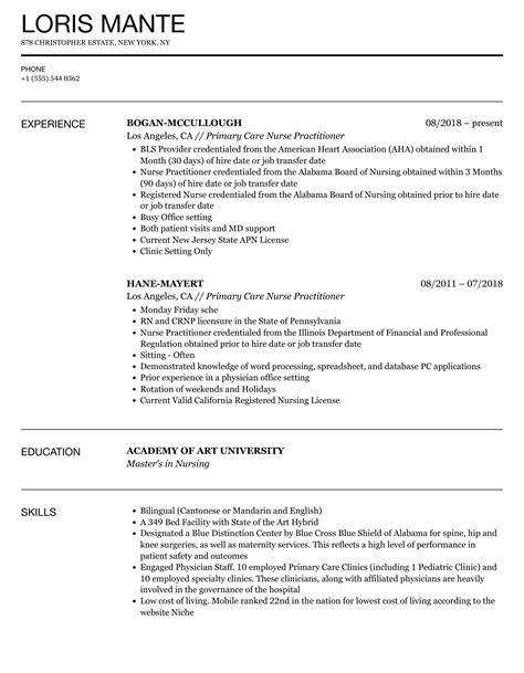 Primary Care Nurse Practitioner Resume Samples | Velvet Jobs