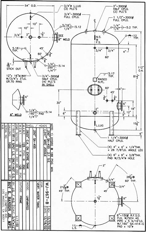 1000 gallon carbon steel vertical water tank - specs, drawing WJ967B ...