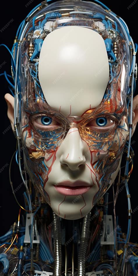 Premium AI Image | Silicon Robotic Human Face with Wires and Optical Fiber