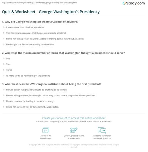 Quiz & Worksheet - George Washington's Presidency | Study.com