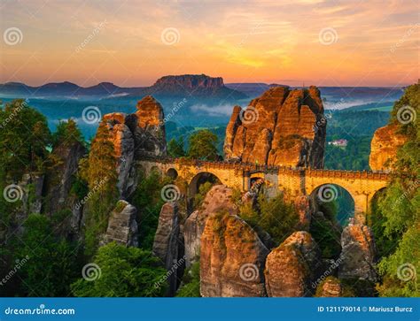 The Bastei Bridge, Saxon Switzerland National Park, Germany Stock Photo ...